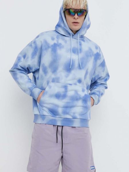 Pamučna hoodie s kapuljačom s printom Hugo plava