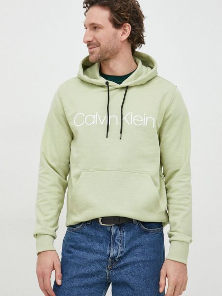 Памучен суичър с качулка с принт Calvin Klein зелено