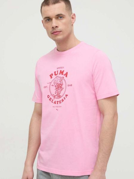 Памучна тениска с дълъг ръкав с принт Puma виолетово