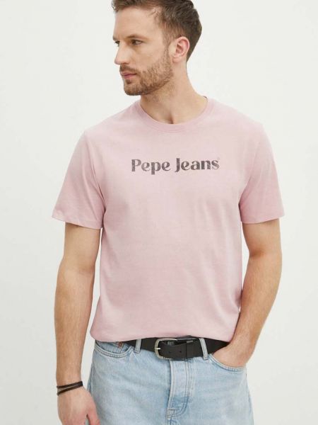 Памучна тениска с дълъг ръкав с принт Pepe Jeans розово