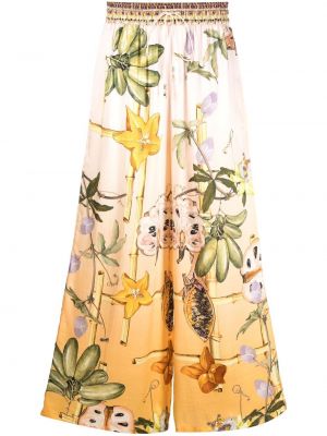 Květinové saténové volné kalhoty s vysokým pasem Camilla - růžová
