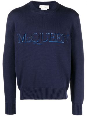 Bombažni pulover z vezenjem Alexander Mcqueen modra