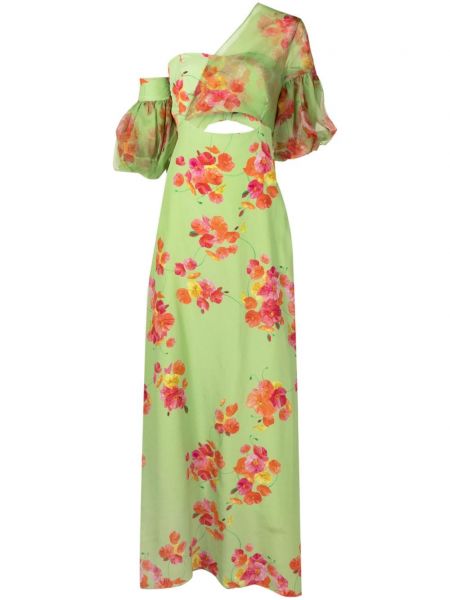 Květinové hedvábné večerní šaty s potiskem Isolda zelené