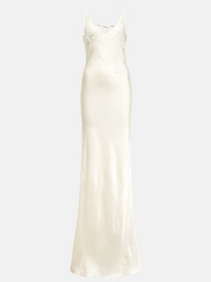 Кружевное атласное длинное платье Victoria Beckham белое