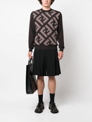 Sweter wełniany z okrągłym dekoltem żakardowy Fendi brązowy