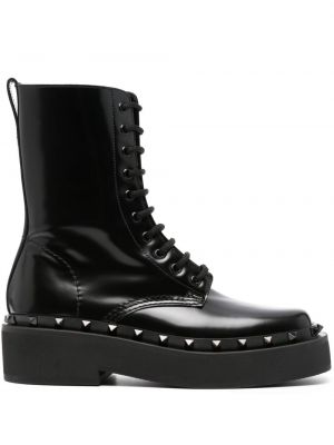 Čipkované kožené šnurovacie členkové topánky Valentino Garavani čierna