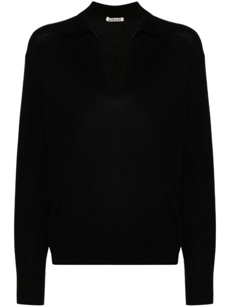 Kašmírový hedvábný dlouhý svetr s výstřihem do v Auralee černý