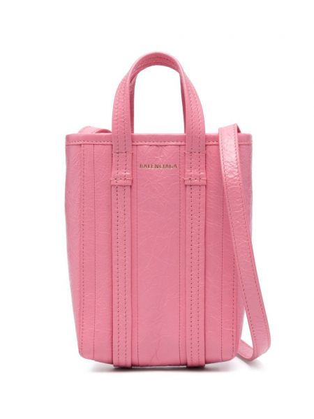 Pruhovaná kožená nákupná taška Balenciaga ružová