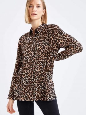 Риза с принт с леопардов принт с дълъг ръкав Defacto кафяво