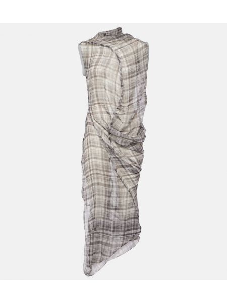 Svilena midi haljina karirana s draperijom Acne Studios crna