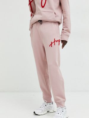 Памучни панталон с апликация Hugo розово