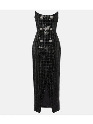 Твидовое длинное платье с пайетками Balmain черное