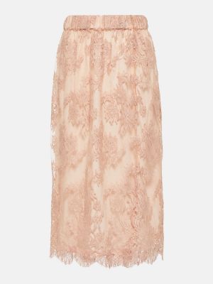 Φλοράλ βαμβακερή midi φούστα με δαντέλα Gucci ροζ