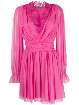 Svilena mini obleka s čipko Alberta Ferretti roza