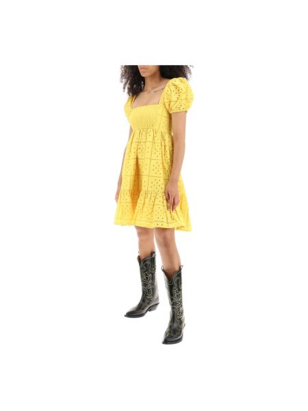 Haftowana sukienka mini bawełniana Ganni żółta