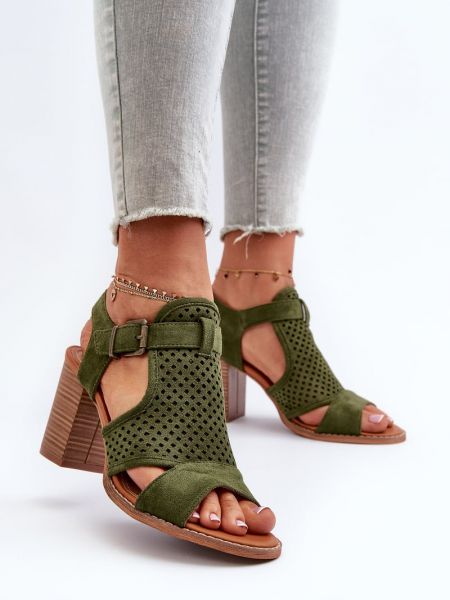 Ажурни сандали с ток Kesi зелено