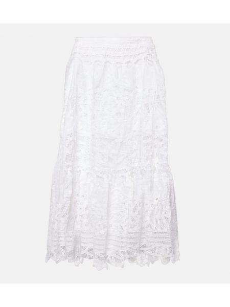 Lanena midi suknja s čipkom Polo Ralph Lauren bijela