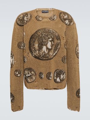 Lniany sweter z nadrukiem Dolce&gabbana brązowy