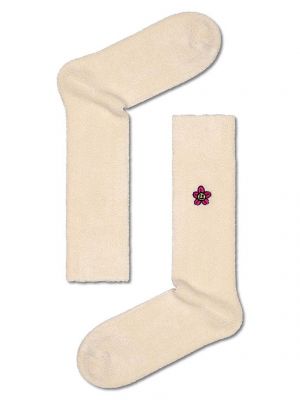 Носки с вышивкой в цветочек Happy Socks бежевые