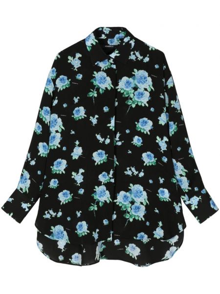 Копринена риза на цветя с принт Shang Xia черно