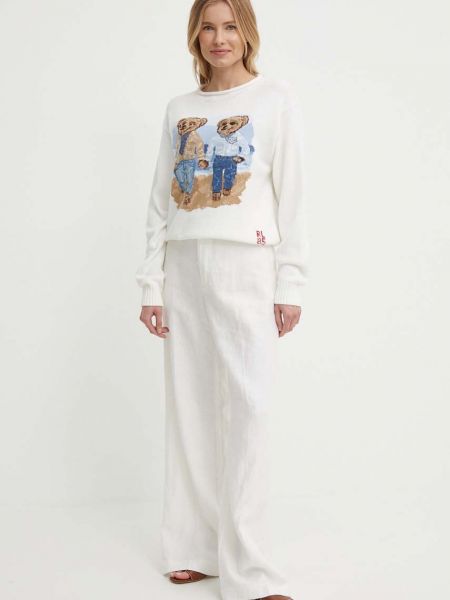 Lniane proste spodnie z wysoką talią Ralph Lauren białe