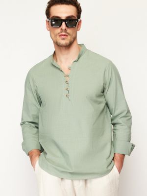 Kostkovaná bavlněná slim fit košile Trendyol khaki