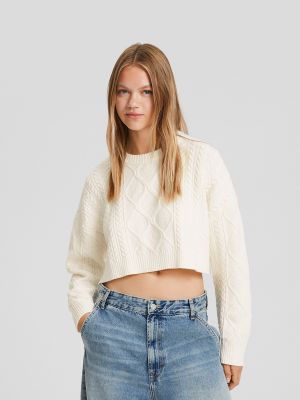 Памучен пуловер Bershka бяло