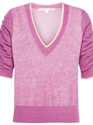Lniany sweter z dekoltem w serek Veronica Beard różowy