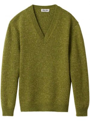 Sweter wełniany z kaszmiru z dekoltem w serek Miu Miu zielony