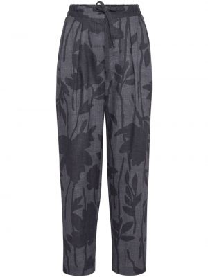 Lanene ravne hlače s cvetličnim vzorcem s potiskom Brunello Cucinelli siva