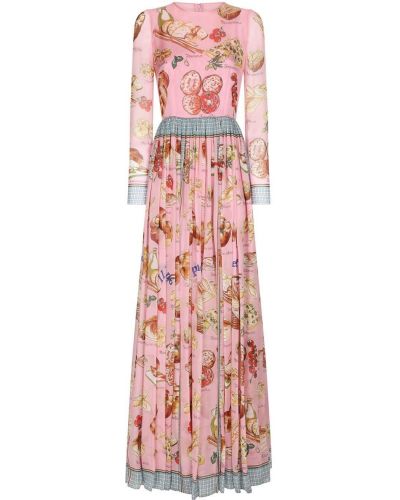 Hedvábné večerní šaty s potiskem s dlouhými rukávy Dolce & Gabbana - růžová