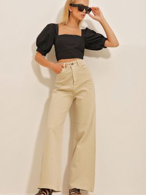 Jeansy z wysoką talią Trend Alaçatı Stili beżowe