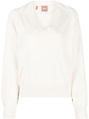 Памучен пуловер с v-образно деколте Boss бяло