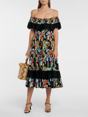 Květinové bavlněné midi šaty Caroline Constas černé