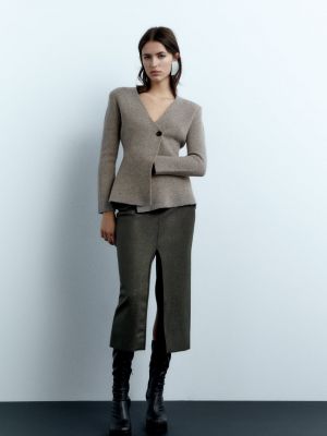 Шерстяной длинный пиджак с баской Zara серый