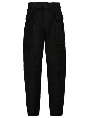 Pantaloni cu picior drept cu talie înaltă din piele de căprioară slim fit Stouls negru