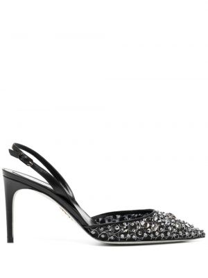 Krištáľové čipkované kožené sandále René Caovilla čierna