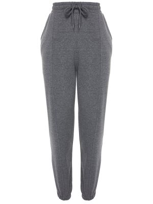 Pletené sportovní kalhoty s vysokým pasem relaxed fit Trendyol šedé