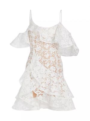 Кружевное платье мини с рюшами Oscar De La Renta белое