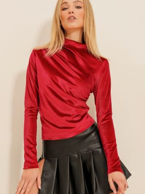 Bluză de catifea cu guler înalt drapată Trend Alaçatı Stili roșu