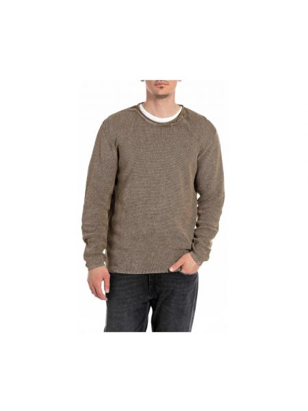 Sweter bawełniany z okrągłym dekoltem Replay brązowy