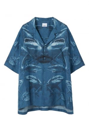 Копринена риза с принт Burberry синьо