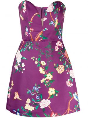 Květinové saténové koktejlové šaty s potiskem Marchesa Notte fialové