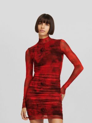 Sukienka mini z długim rękawem z nadrukiem zwierzęcym Bershka czerwona