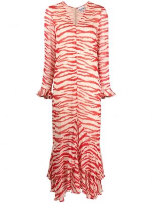 Sukienka długa z nadrukiem z falbankami w tygrysie prążki Ganni