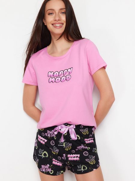 Mustriline kootud pidžaama Trendyol roosa