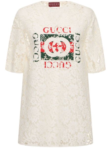 Копринена тениска с дантела Gucci бяло