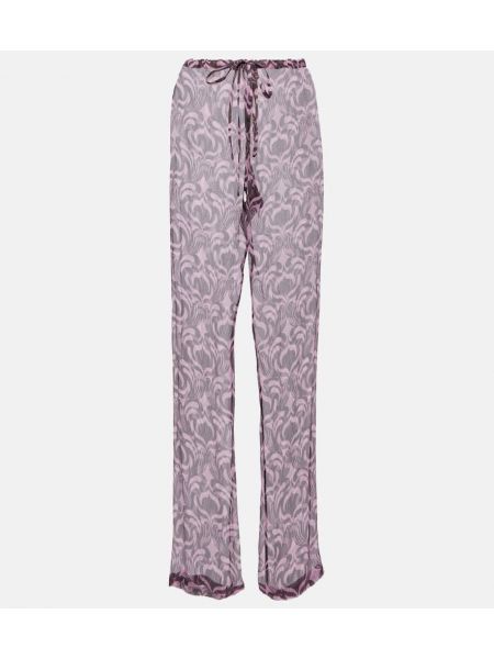 Jedwabne proste spodnie z nadrukiem Dries Van Noten różowe