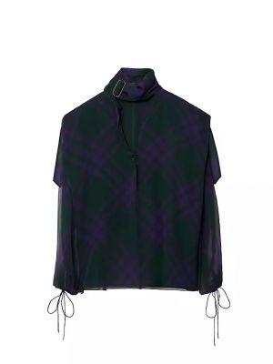 Блуза свободного кроя из шелкового шифона в клетку с шарфом и воротником Burberry, royal pattern