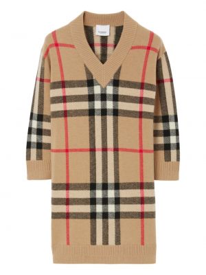 Printti ruudullinen pitkä mekko v-pääntiellä tytöille Burberry Kids ruskea